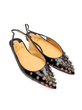 Christian Louboutin Black Slingback Studded Spike Pointed Toe Flats EU 36.5